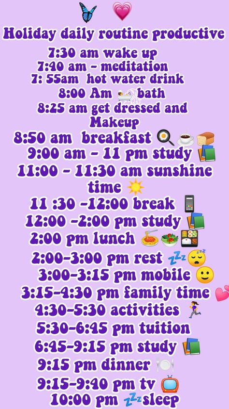Everyday Study Routine, School Holiday Schedule, Winter Holiday Routine, School Holiday Routine, Productive Holiday Routine, Holiday Study Timetable, Winter Study Routine, Winter Break Morning Routine, Holiday Study Routine