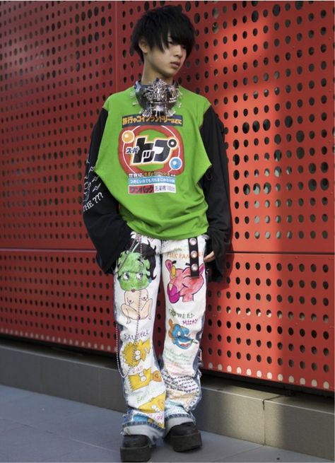 Neo Y2k Fashion, Y2k Moodboard, Popular Pants, Kawaii Street Fashion, Bizarre Fashion, Custom Streetwear, Japan Outfits, Harajuku Men, Harajuku Fashion Street