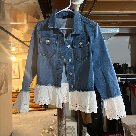 Jean Jacket With Lace Trim, Never Worn. Size Large Jean Jacket Sewing Ideas, Adding Lace To Jeans, Denim Jacket With Lace Trim, Upcycled Jean Jacket, Denim Upcycle Clothing, Jean Jacket With Lace, Upcycle Jean Jacket, Crochet Rocks, Fixing Clothes