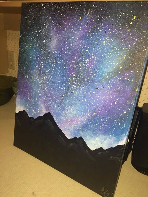 "Galaxy Mountain Acrylic Painting on Canvas By Amanda Burg -16\"x20\" Acrylic Painting" Mountain Galaxy Painting, Outer Space Canvas Painting, Paintings Mountains, Adventure Painting Ideas On Canvas, Painting Of Galaxy, Painting Ideas Galaxy, Acrylic Night Painting, Star Canvas Painting, Galaxy Canvas Painting