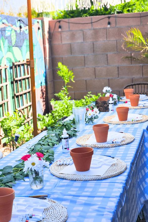 Spring Garden Party 2023 » Lady Decluttered Party Painting Aesthetic, Plant Potting Party, Flower Pot Painting Party, Spring Garden Party Decorations, Plant Party Ideas, Garden Party Crafts, Pot Painting Party, Garden Party Activities, Potting Party