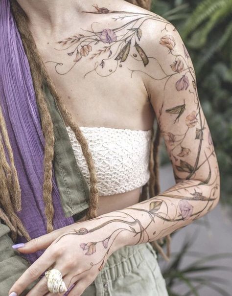 Floral Greenery Tattoo Sleeve, Realistic Wild Flower Tattoo, Full Sleeve Vine Tattoo, Pretty Female Tattoos, Floral Music Tattoo Sleeve, Wild Flower Tattoo Ideas, Earth Tone Tattoo, Botanical Tattoo Back, Botanical Shoulder Tattoo