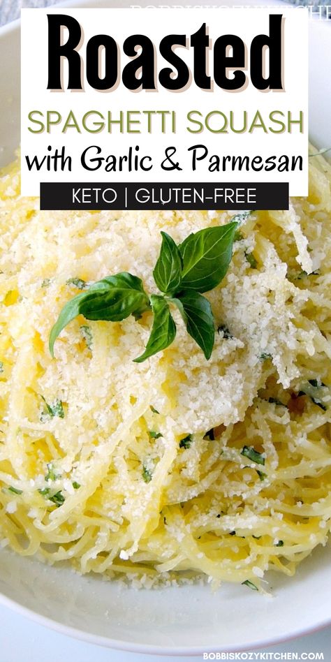 Roasted Spaghetti Squash With Garlic & Parmesan Easy Spaghetti Squash Recipes, Spaghetti Squash Parmesan, Spaghetti Squash Recipes Chicken, Spaghetti Squash Recipes Vegan, Healthy Squash Recipes, Spaghetti Squash Recipes Healthy, Spaghetti Squash Recipes Easy, Parmesan Spaghetti, Parmesan Recipe