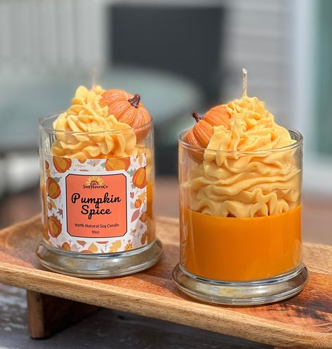 Our Natural Pumpkin Spice Candle will remind you of autumn, pumpkin picking & those nostalgic fall vibes. Toasty top scent notes of cinnamon, nutmeg, and clove give way to middle accords of silky buttercream and pumpkin. The base scent consists of smoked embers & vanilla giving this scent a warm twist on a classic fall fragrance.  This candle also has a 3D pumpkin on top and whipped frosting that is made of wax and will melt smoothly! When it melts, the pumpkin will burn smoothly and will reveal Candles For Fall, Fall Candle Ideas, Whipped Candles, Silky Buttercream, Nostalgic Fall, Cool Candles, Fall Candle Centerpieces, Fun Candles, Amazing Candles