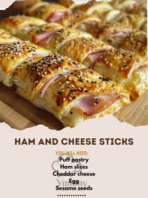 🧀 Snack time favorite alert: Ham and Cheese Sticks! Cheesy, hammy, utterly irresistible! #SnackTime 🍽️ Ham and Cheese Sticks 🛒 Ingredients: Puff pastry: 1 sheet Ham slices: 200g Cheddar cheese: 100g, sliced Egg: 1, beaten Sesame seeds: 1 tbsp 👩‍🍳 Instructions: Prep: Roll out pastry, layer with ham and cheese. Roll: Cut into strips, twist. 3sh, sprinkle with sesame seeds. Bake: 200°C for 15 mins until golden. 🌟 Perfect for parties or a quick snack, these sticks are a guaranteed hit! 🧀🥖 #Qu... Ham Slices, Cheese Roll, Cheese Sticks, Quick Snack, Ham And Cheese, Quick Snacks, Snack Time, Sesame Seeds, Puff Pastry