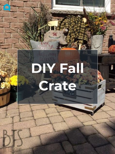 Well it’s that time again! Fall is pretty well here! Today it didn’t feel like it, though — on account of the fact that is was 30 degrees. That didn’t stop me from decking out my front porch, though!Before we get into the fancy pictures of my porch, let's take a look at the DIY fall crate that I made.     I picked up an unfinished crate from Home Depot, some caster wheels, corner braces and I also used paint from The Old Fashioned Milk Paint Company. The colours that I chose were Drift… Fall Wooden Crate Decor, Crate Fall Decor Ideas, Fall Crate Decor, Wood Crate Ideas, Wooden Crate Ideas, Fall Porch Decor With Crates, Metal Milk Crates, Crate Decor, Wooden Crate Boxes