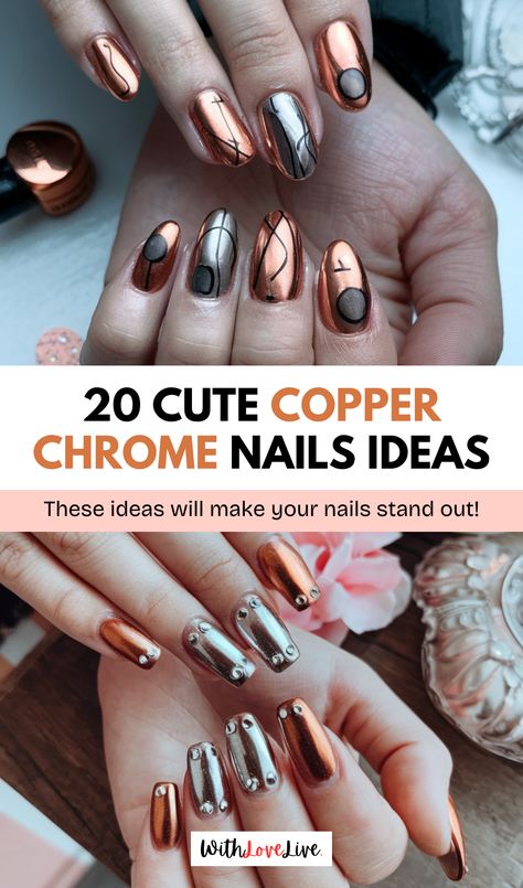 Ready to shine? Check out these gorgeous copper chrome nail ideas that blend luxury and style! 🌟 From classic designs to modern twists, these nails are perfect for any occasion. Get inspired and elevate your nail art! 💖 Don't forget to save this pin for later! Copper Chrome Nails Designs, Copper Chrome Nails Fall, Fall Nails Copper, Fall Crome Nails Designs, Fall Copper Nails, Fall Chrome Nail Designs, Holiday Nails Chrome, Best Chrome Nails, Crome Nails Designs Square