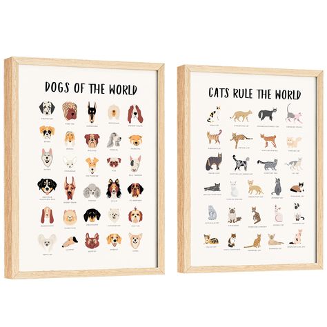 PRICES MAY VARY. CAT BREED POSTER AND DOG BREED IDENTIFICATION CHART: The cat pictures wall decor can become the great gifts for cat lovers because cute cat breed pictures will blow your mind. The artwork of dog poster will give off cute yet mystical decorations PET PORTRAIT: Thanks to cat breed poster and dog breed art, you can have knowledge about all dog and cat identification in the world. Puppy nursery art and kitty cat poster can cover your house by lovely painting. PREMIUM SET FOR DOG WAL Puppy Theme Room, Puppy Room Decor, Dog Nursery Theme, Vintage Dog Art, Puppy Nursery Theme, Dog Breed Poster, Cat Breeds Chart, Dog Nursery Decor, Dog Chart