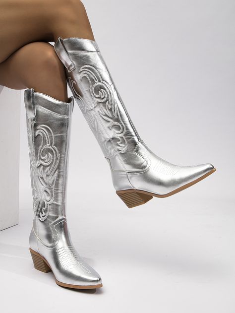 Silver Glamorous Collar   Plain Western Boots Embellished   Women Shoes Shiny Cowgirl Boots, Shiny Cowboy Boots, Silver Cowgirl Boots Outfit, Starcatcher Outfit, Metallic Cowgirl Boots, Silver Cowgirl Boots, Cowgirl Boots Aesthetic, Metallic Cowboy Boots, Silver Cowboy Boots