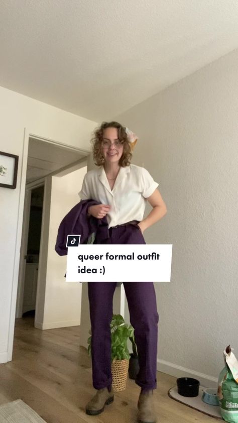 Reply to @leslie.ohhh queer formal outfit inspo! Featuring my purple pant suit :) #lgbtq #queerfashion #queerformaloutfit #genderneutral #outfitinspo Queer Woman Wedding Outfit, Queer Semi Formal, Lesbian Wedding Guest Outfit Summer, Wedding Guest Outfit Gender Neutral, Lgbtq Wedding Guest Outfit, Women’s Pant Suit Wedding Guest, Masculine Wedding Guest Outfit For Women, Woman Wedding Guest Suit, Queer Weddings Outfit