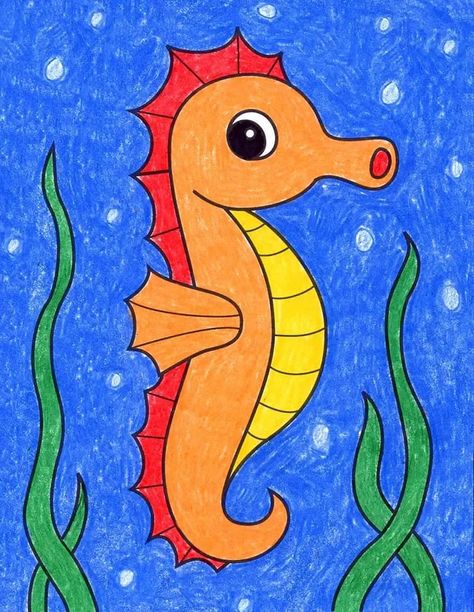 Sea Horse Drawings, Sea Horse Drawing Easy, Sea Animals Drawing Easy, Sea Horse Painting, Sea Animal Drawings, Fishes Drawing, Sea Animals Drawing, Seahorse Drawing, Drawing Pictures For Kids