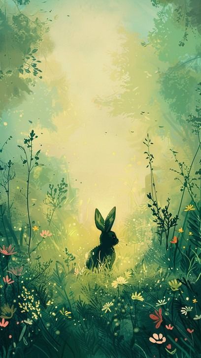 In this captivating illustration, a solitary rabbit sits tranquilly in the midst of a lush, mystical forest. The morning sun filters through the canopy, casting a gentle, ethereal glow that bathes the scene in a spectrum of soft, warm hues. Delicate wildflowers and rich greenery create a sense of tranquility, inviting the viewer into a world of peace and natural wonder. The rabbit, perfectly at ease in this enchanted setting, becomes the embodiment of the forest's quiet beauty. Enchanted Forest Illustration, Enchanted Art, Forest Clearing, Quiet Beauty, Rabbit Illustration, Winter Illustration, Forest Illustration, Mystical Forest, Magic Forest