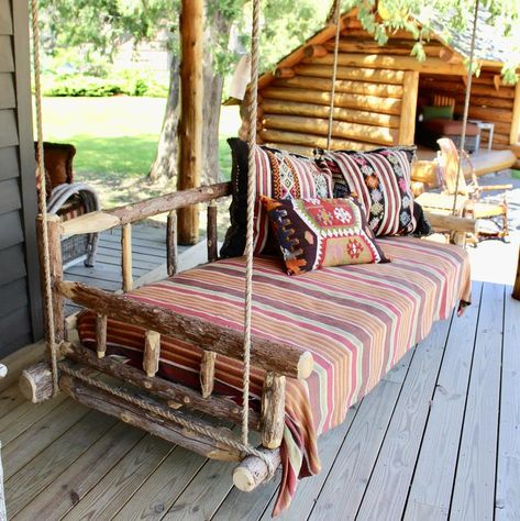 Handmade Wooden Bed Frames | Dartbrook Rustic Goods Porch Bed, Aesthetic Interior Design, Porch Swing Bed, Swing Bed, Rustic Porch, Bed Swing, House With Porch, Rustic Cabin, Cabin Homes