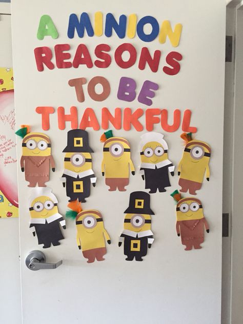 Thanksgiving Classroom Door Thanksgiving Boards, Thanksgiving Door Decorations Classroom, Thanksgiving Classroom Door, Minion Classroom, Thanksgiving Door Decorations, November Bulletin Boards, Thanksgiving Bulletin Boards, St Gerard, Thanksgiving School