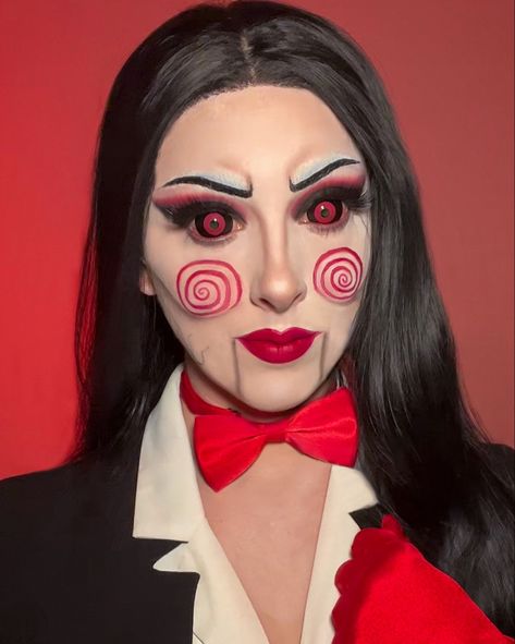 Jigsaw’s puppet billy, from the saw movies! Billy Saw Makeup, Billy The Puppet Makeup, Saw Makeup Jigsaw, Jigsaw Billy The Puppet, Billy Jigsaw, Jigsaw Puppet, Saw Puppet, Saw Costume, Puppet Makeup