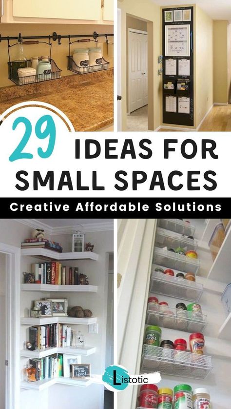 Tight space and tight wallet mean creative ways to organize and have storage in your small spaces. Listotic has 29 creative and afforable small space solutions for you and your family. If you live in a small house, an appartment or dorm these smalls space hacks will change your life. Vertical storage, closet orgnaztion and kitchen hacks will make your small space seem spacious. #smallspace #smallspacehacks #storage #apartmentliving #ideas #smallspaceideas #bedroomideas #appartments #listotic Small House Storage, Small Space Hacks, Small Bedroom Storage, A Small House, Coastal Boho, Small Space Organization, Small Space Storage, Ways To Organize, Small Space Diy