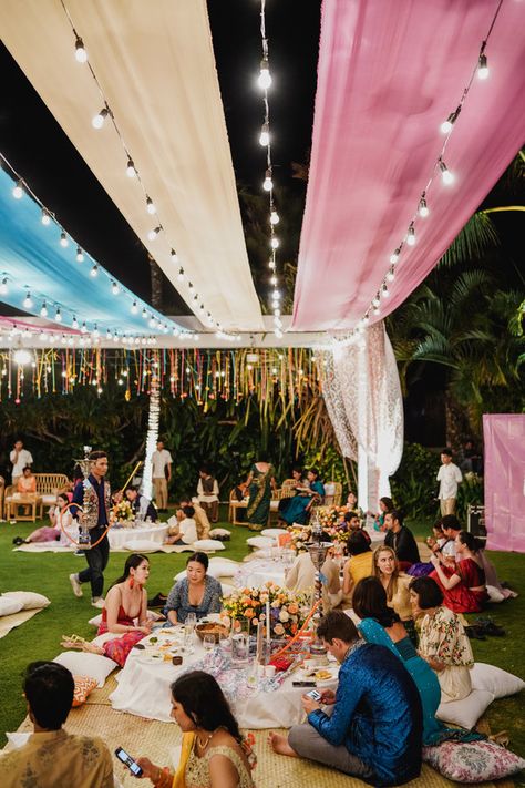 Mehendi And Sangeet Decor, Bali Themed Party Decor, Bali Indian Wedding, Pastel Sangeet Decor, Simple Outdoor Wedding Decor, Sangeet Theme Ideas, Whimsical Picnic, Sangeet Decoration, Pastel Wedding Theme