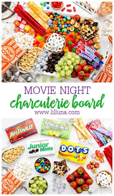 This Movie Night Charcuterie Board is the ultimate snack platter for all of your movie munching needs. It's customizable and SO fun! #charcuterie #charcuterieboard #movienight #snacks Snacks For Board Game Night, Movie Night Charcuterie, Movie Night Charcuterie Board, Homemade Kettle Corn, Small Charcuterie, Yogurt Pretzels, Snack Boards, Snack Hacks, Homemade Popcorn