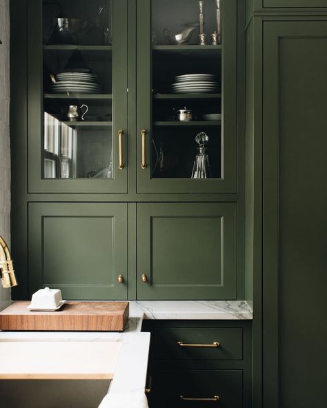 Jean Stoffer on Instagram: “I am so in love with this color “Eden Green” as seen here in our Fair Oaks kitchen. I’ll be using it in a space at #TheMadisonGR  Do you…” Green Cupboards, Jean Stoffer Design, Classic Kitchen Cabinets, Jean Stoffer, Green Kitchen Cabinets, Glass Front Cabinets, Green Paint Colors, Classic Kitchen, Green Cabinets