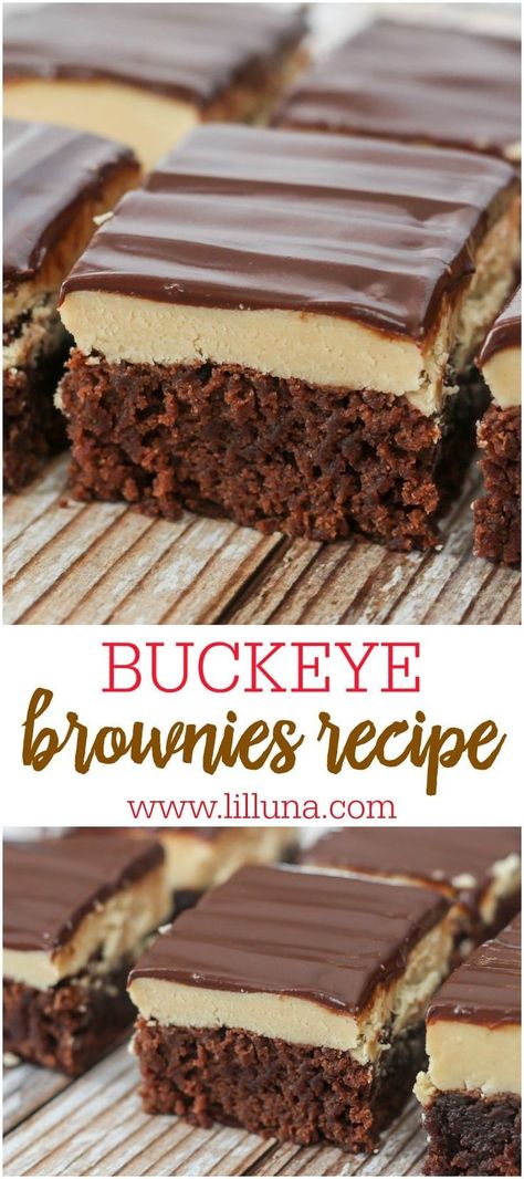 Buckeye Brownies Recipe, Buckeye Brownies, Peanut Butter Buckeyes, Cookie Dough Cake, Peanut Butter Truffles, Dessert Parfait, Truffle Butter, Dessert Simple, Chocolate And Peanut Butter