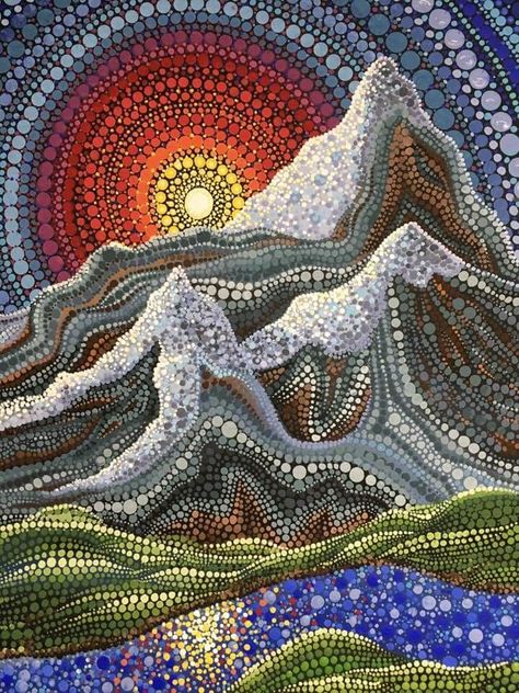 Dot Art Painting Landscape, Pointillism Art Projects, Mandela Paintings, Art Painting Sunset, Fantasy Mountains, Pointalism Art, Mandala Rock Art, Painting Sunset, Dot Art Painting