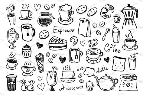 Coffee & Tea doodles - Illustrations - 2 Sketchbook App, Coffee Doodle, Doodle Paint, Coffee Tattoos, White Cartoon, All Elements, Line Art Vector, Jar Art, Dot Journals