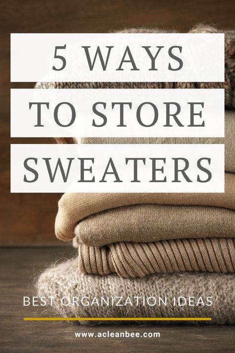 Learn how to store your sweaters. Properly store sweaters during the off season and learn how to properly organize sweaters in your closet during cold weather too. Learn how to hang sweaters from hangers without puckering the shoulders and more. Check out the blog post for the complete guide. Sweater Storage In Small Closet, How To Store Cardigan Sweaters, How To Organize Your Sweaters, Sweater Shelf Organization, Walk In Closet Sweater Storage, How To Store Duffle Bags In Closet, Storing Cardigans In Closet, How To Store Tank Tops How To Organize, Best Way To Store Cardigans