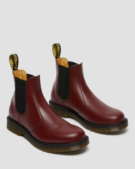 Our classic Chelsea boot in signature Dr. Martens smooth leather: durable, with a smooth finish. Made with Goodyear welt, the upper and sole are heat-sealed and sewn together.Care Instructions: Clean away any dirt using a damp cloth and allow to dry. Apply a correctly coloured wax-based shoe polish to restore shine Chelsea Boots Dr Martens, Cherry Red Dr Martens, Red Dr Martens, Dr Martens Chelsea, 2976 Chelsea Boots, Dr Martens 2976, Boots Uk, Leather Chelsea Boots, Goodyear Welt