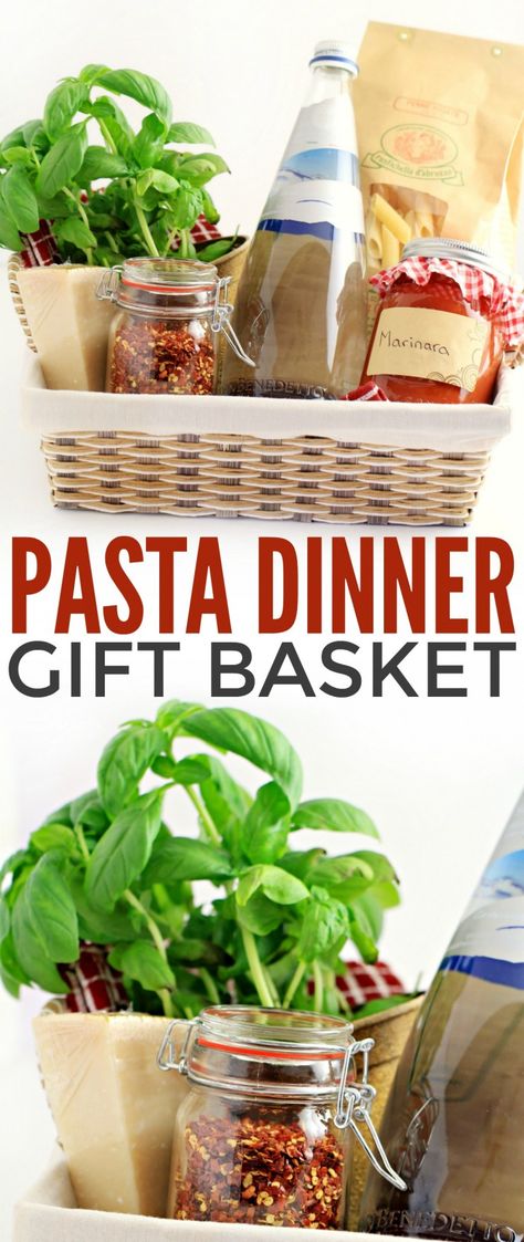 This Italian-inspired gourmet pasta dinner gift basket includes everything the recipient needs to enjoy a special pasta dinner.  It's the perfect gift for someone who doesn't often take the time they need to treat themselves. Dinner Gift Basket, Italian Gift Baskets, Pasta Gifts, Gourmet Pasta, Creative Gift Baskets, Homemade Gift Baskets, Halloween Gift Baskets, Dinner Gifts, Auction Baskets