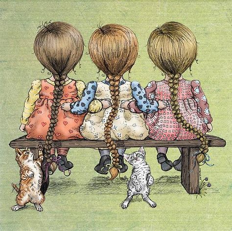 Friends Sarah Kay, Two Cats, Holly Hobbie, Three Sisters, Childrens Illustrations, Vintage Children, Vintage Illustration, Cat Art, No. 2