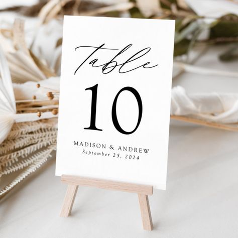 White and Black Modern Elegance Wedding Table Number White Wedding Table Numbers, Black And White Wedding Table, Modern Elegance Wedding, White Minimalist Wedding, Unique Wedding Invitation Wording, Wedding Table Number Signs, Wedding Invitation Message, Simple Calligraphy, Addressing Wedding Invitations