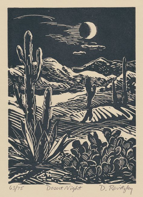 Desert Night - Linocut by Dennis Revitzky Desert Night, Desert Scene, Lino Art, Wilde Westen, Linocut Art, Woodcuts Prints, Desert Art, Cowboy Art, Art Walk