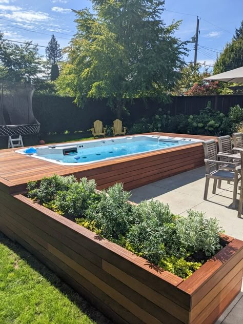 Ipe deck hardwood swim spa decking planter Swimming Pools Backyard Above Ground, Pools Backyard Above Ground, Sunken Pool, Swim Spa Deck, Outdoor Swim Spa, Swim Spa Landscaping, Sunken Seating, Spa Deck, Spa Landscaping