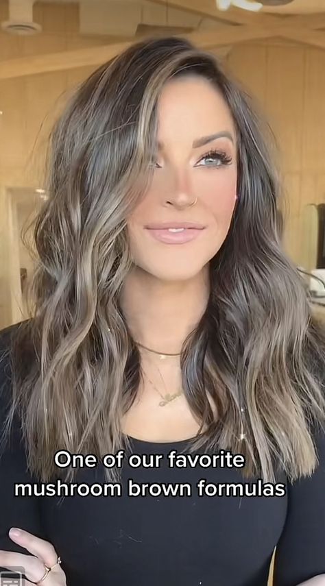 Fall Ash Brown Hair Color, Brunette For Green Eyes, Blending Grey With Brown Hair, Mushroom Brown Medium Length Hair, Light Brunette Hair Fair Skin, Mushroom Lowlights, Mushroom Brown Hair Blue Eyes, Natural Hair Color With Money Piece, Pale Skin Ash Brown Hair