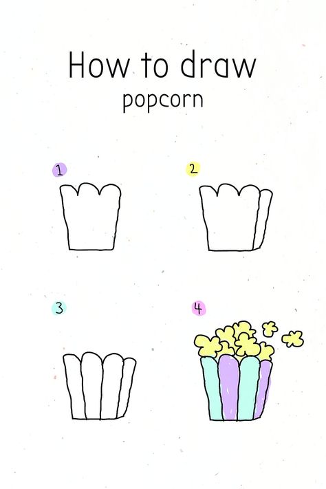 Popcorn Drawing Simple, Popcorn Doodle, How To Draw Popcorn, Popcorn Paint, Popcorn Vector, Doodles Tutorial, Doodle Tutorial, Doodle Food, Cute Popcorn