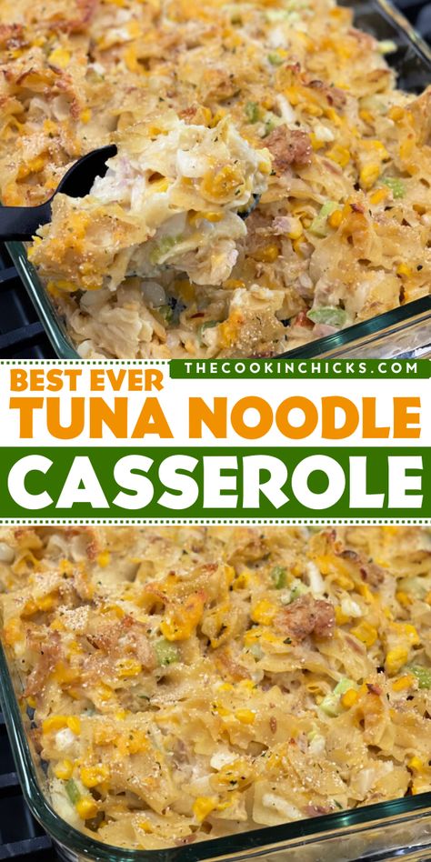 Looking for easy dinner ideas? Weeknight dinners for family have never been quicker with this creamy tuna noodle casserole! It's a tried-and-true recipe for classic comfort food. Enjoy this cheesy tuna noodle casserole with the whole family! Low Cal Tuna Casserole, Tuna Noodle Casserole Cream Cheese, Egg Noodle Tuna Casserole Recipes, Keto Tuna Noodle Casserole, Tuna Casarole Recipes, Tuna Casserole With Broccoli, One Pot Creamy Tuna Noodle Casserole, Tuna Noodle Casserole Corn Flakes, Tuna Noodle Casserole With Bread Crumbs