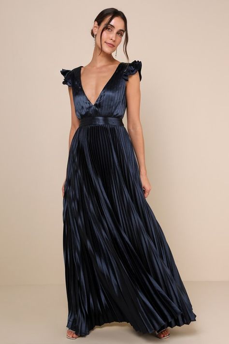 Exceptional Drama Navy Blue Satin Lace-Up Pleated Maxi Dress Black Tie Wedding Guest Dress, Best Maxi Dresses, Black Tie Attire, Navy Blue Maxi Dress, Accordion Pleats, Black Tie Wedding Guests, Pleated Gown, Navy Blue Bridesmaid Dresses, Navy Bridesmaid Dresses