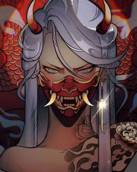 women, Japanese Art, samurai, oni girl, mask, horns, digital painting | 1080x1350 Wallpaper - wallhaven.cc Oni Maske, Tato 3d, Oni Art, Witcher Wallpaper, Japanese Oni, Arte Gif, Mask Drawing, Oni Mask, Idee Cosplay