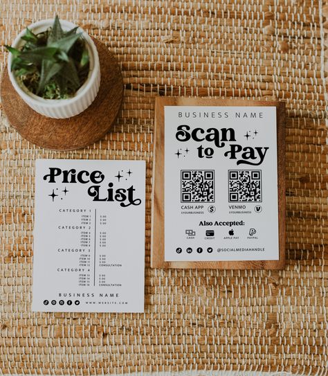 "**  This item is a DIGITAL TEMPLATE which is INSTANTLY customizable via CANVA (FREE). Nothing physical is shipped to you. ** TWO-IN-ONE: Includes BOTH a Price Sheet & Scan to Pay sign templates! This Pricing sheet and Acceptable Payments sign template is perfect for Hair Salons, Hairdressers, Beauty Salons, Spas, Bakeries, and more! Works great as a custom menu design and provides an easy way for your customers to pay with Paypal, Venmo, Cashapp, credit cards, etc. Purchase, print, frame and di Instruction Card Design, Market Stall Design, Art Festival Booth, Scan To Pay Sign, Vendor Booth Display, Farmers Market Display, Craft Fair Booth Display, Scan To Pay, Craft Market Display