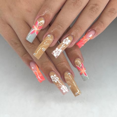 beach theme freestyle nails 3d nail art with starfish and hibuscus long square acrylic nails for summer Vacation Long Acrylic Nails, Beach Nails Long, Square Acrylic Nails For Summer, Beach Nails Square, Beach Theme Nails, Acrylic Nails For Summer, Starfish Nails, Vacation Nails Beach, Freestyle Nails