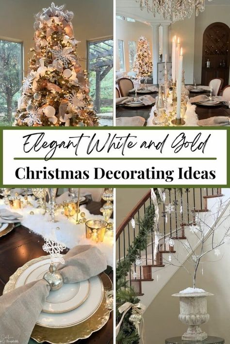 Reflect the peace, light, and hope of the holidays with these white and gold color scheme ideas for the Christmas tree, living room decor, dining table, entryway, and stairs! Tree Living Room Decor, White And Gold Christmas Decor, Christmas Tree Living Room, Tree Living Room, Gold Holiday Decor, White And Gold Christmas, Color Scheme Ideas, Peace Light, Decor Dining Table