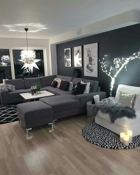 Black Walls Living Room, Couch Grau, Gray Sofa Living, White Walls Living Room, Black Furniture Living Room, White Living Room Decor, Grey Wall Decor, Grey Couch Living Room, Black And White Living Room