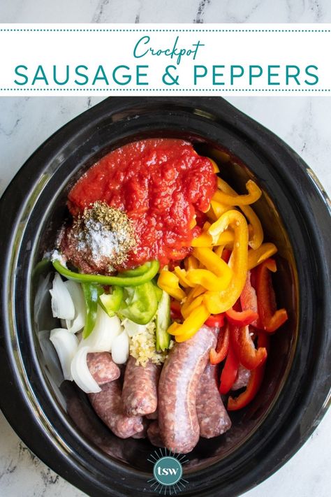 Easy to make, this recipe for Crockpot Sausage and Peppers will be an instant hit. Just dump and go and this meal cooks itself with delicious sausages together with peppers, onions, and canned tomatoes to make a meal everyone will love. Crockpot Sausage and Peppers, Slow Cooker Sausage and Peppers, Italian Sausage Crockpot, sausage peppers and onions crockpot, Slow Cooker Italian Sausage Sausage And Pepper Crockpot, Sausage N Peppers Recipes, Sausage And Peppers With Marinara, Crock Pot Hot Sausage And Peppers, Chicken Sausage In Crockpot, Brats Peppers And Onions Crockpot, Italian Sausage Peppers Onions Tomatoes, Sausage And Peppers In The Crockpot, Sweet Sausage Crockpot Recipes