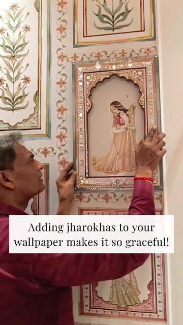 Space Of Joy | Home Decor on Instagram: "See how easy it is to add 3D elements to your space!🌟 We’re showcasing our hand-painted wooden jharokhas with real mirrors. Watch how they bring your wallpaper to life and transform the whole look of your room. You’ll love how it adds depth and charm.   Comment "jharokhas" and we'll share all the details with you. Let's make your walls pop with personality!✨  #myspaceofjoy #wallpaper #indianheritage #3DWallpapers #HomeDecor #InteriorDesign #WallArt #Jharokhas #HandPainted #Wood #homedecor #decorinspo #EasyInstallation #CustomWallpapers  #RoomMakeover"" Wallpaper Wall Decor Ideas, Easy Lippan Art, Indian Wall Painting, Jharokha Art, Indian Home Decor Living Room, Lippin Art, Indian Arch, Restaurant Design Rustic, Mirror Canvas Art