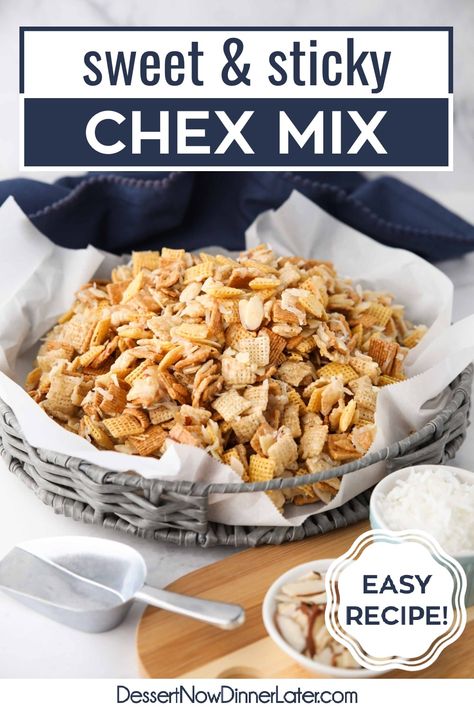 This Sweet Chex Mix Recipe is easy to make with a sticky sweet butter syrup and a mixture of cereals, shredded coconut, and sliced almonds. It's a deliciously gooey and chewy no-bake snack perfect for movie nights, parties, or holiday gifting. Sticky Chex Mix Recipe, Sweet Chex Mix Recipe, Chex Mix Ingredients, Chex Mix Recipes Sweet, Sweet Chex Mix, Chex Recipes, Sweet Chex, Chex Mix Christmas, Butter Syrup