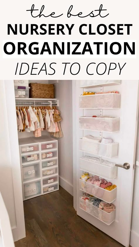 Maximize space in your baby's closet with our Nursery Closet Organization Ideas! Discover easy and DIY solutions to keep baby clothes and essentials neatly organized. From simple hanging clothes strategies to clever storage solutions, make the most of your nursery closet even in small spaces. Organize Small Nursery, Burp Cloth Storage Ideas, How To Organize Nursery Closet, Small Closet For Nursery, Wardrobe For Nursery, Pegboard Nursery Ideas, Baby Storage Closet, Nursery Closet Door Organization, Nursery Cabinet Organization