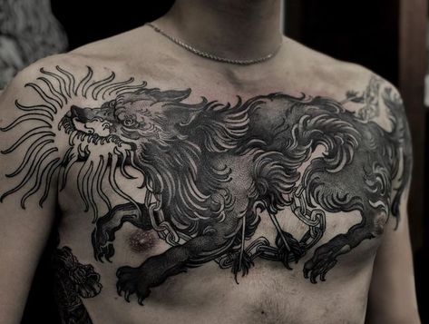 Wolf Tattoo On Chest, Wolf Chest Tattoo Men, Wolf Back Tattoo, Stipple Shading Tattoo, Mountain Lion Tattoo, Wolf Chest Tattoo, Woodblock Tattoo, Sasha Tattoo, Chest Tattoo Wolf