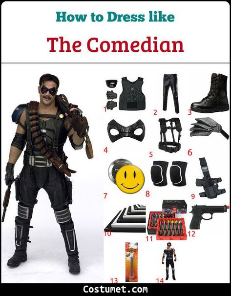 The Comedian (Watchmen) Costume for Cosplay & Halloween 2021 The Comedian Watchmen, Combat Boots Look, Drop Leg Holster, Black Fingerless Gloves, Half Gloves, Black Harness, Chest Plate, The Comedian, Cute Smiley Face