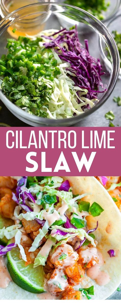 bowl of cilantro lime slaw with jalapeno peppers and honey and shrimp tacos with slaw Shrimp Taco Slaw Dressing, Shrimp Tacos With Cilantro Lime Slaw, Lime Slaw For Fish Tacos, Slaw For Shrimp Tacos Easy, Veggies For Tacos, Quick Slaw For Tacos, Coleslaw Recipe For Shrimp Tacos, Fish Tacos Slaw Recipe, Side For Shrimp Tacos