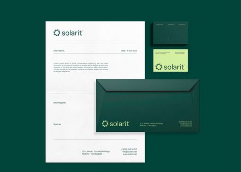 Solarit ™ Solar Energy Brand Identity :: Behance Corporate Stationary, Branding Moodboard, Modern Brand Identity, Minimalist Stationery, Green Branding, Stationary Branding, Developer Logo, Corporate Style, Logo Design Art